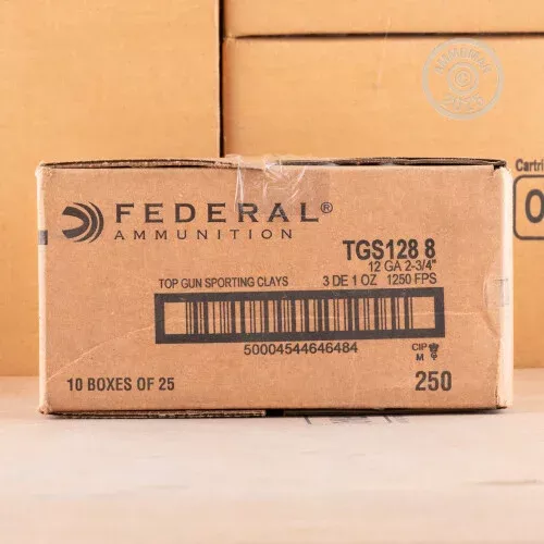 12 GAUGE FEDERAL TOP GUN SPORTING 2-3/4″ 1 OZ. #8 SHOT (250 ROUNDS)