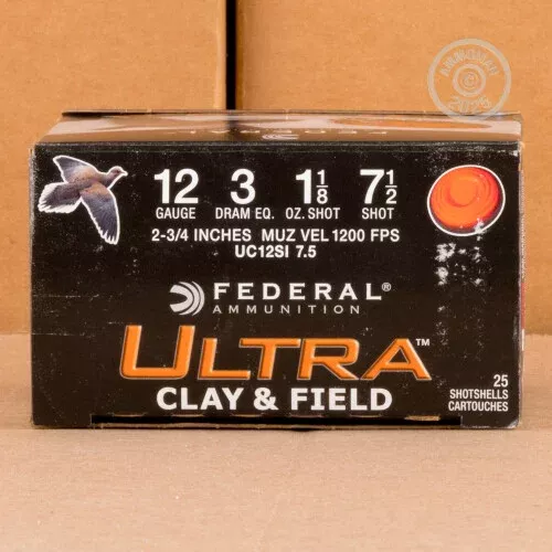 12 GAUGE FEDERAL ULTRA CLAY & FIELD 2 3/4″ 1-1/8 OZ. #7.5 LEAD SHOT (25 ROUNDS)