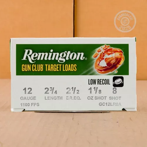 12 GAUGE REMINGTON GUN CLUB TARGET LOAD LOW RECOIL 2-3/4″ 1-1/8 OZ. #8 SHOT (250 ROUNDS)