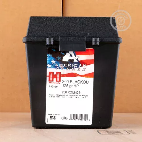 300 AAC BLACKOUT HORNADY AMERICAN GUNNER 125 GRAIN HP IN FIELD BOX (200 ROUNDS)