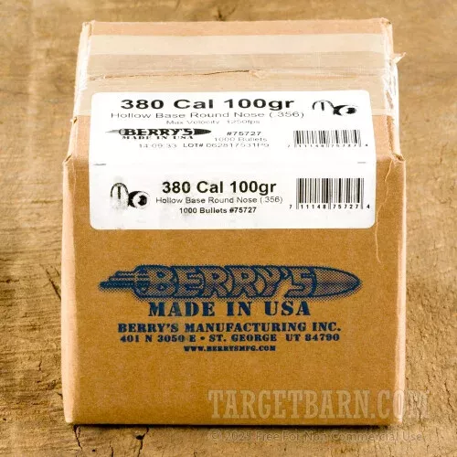 .356″ Berry’s 380 Caliber Bullets – 1000 Qty – 100 gr Plated Round Nose-Hollow Base