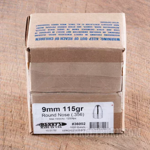 .356″ Berry’s 9mm Luger Bullets – 1000 Qty – 115 Grain Plated Round Nose