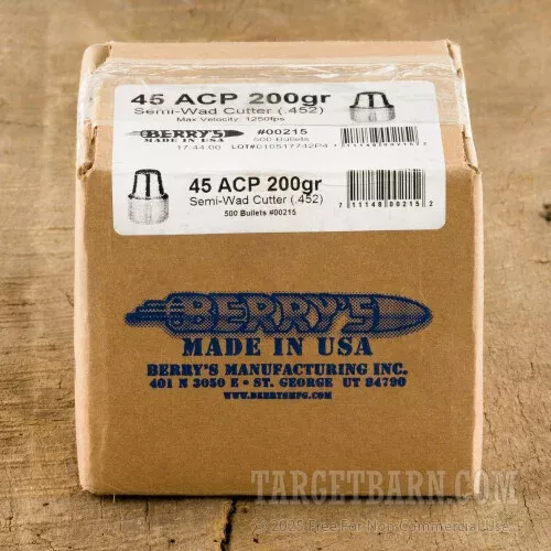 .452″ Berry’s 45 ACP Bullets – 500 Qty – 200 Grain Semi-Wadcutter