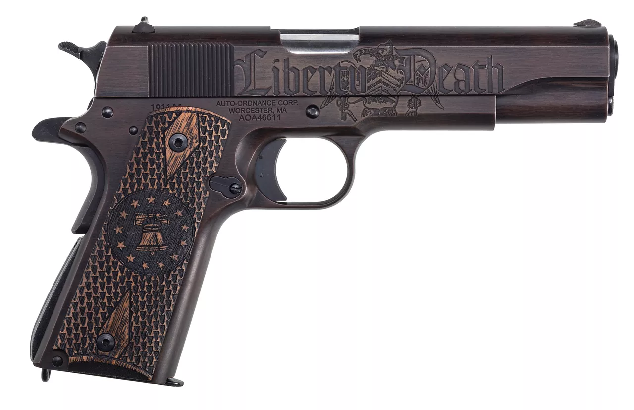 Auto Ordnance Liberty Edition Full Size 1911, 45 ACP, 5″ Barrel, Steel Frame, Black/Brown Custom Cerakote Engraved Goncalo Wood Grips, 7Rd Mag