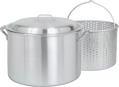 Bayou Classic 20-qt Aluminum Stockpot w/ Basket Features Domed Vented Lid
