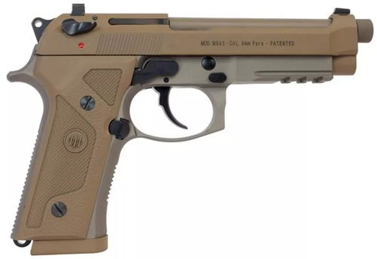 Beretta M9A3, Semi-Automatic Pistol, Full Size, 9mm, 4.9″ Threaded Barrel, Alloy Frame, Flat Dark Earth Finish, Vertec-Style Thin Grip, 3-Slot Picatinny Rail, Decocker, Tritium Night Sights, 2 Magazines, 17 Rounds