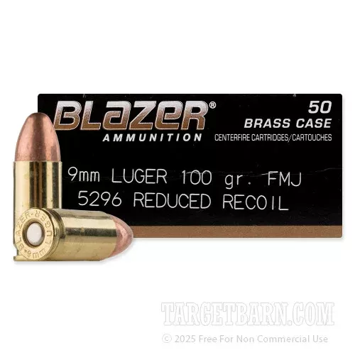 Blazer Brass Reduced Recoil 9mm Ammunition – 1000 Rounds of 100 Grain FMJ