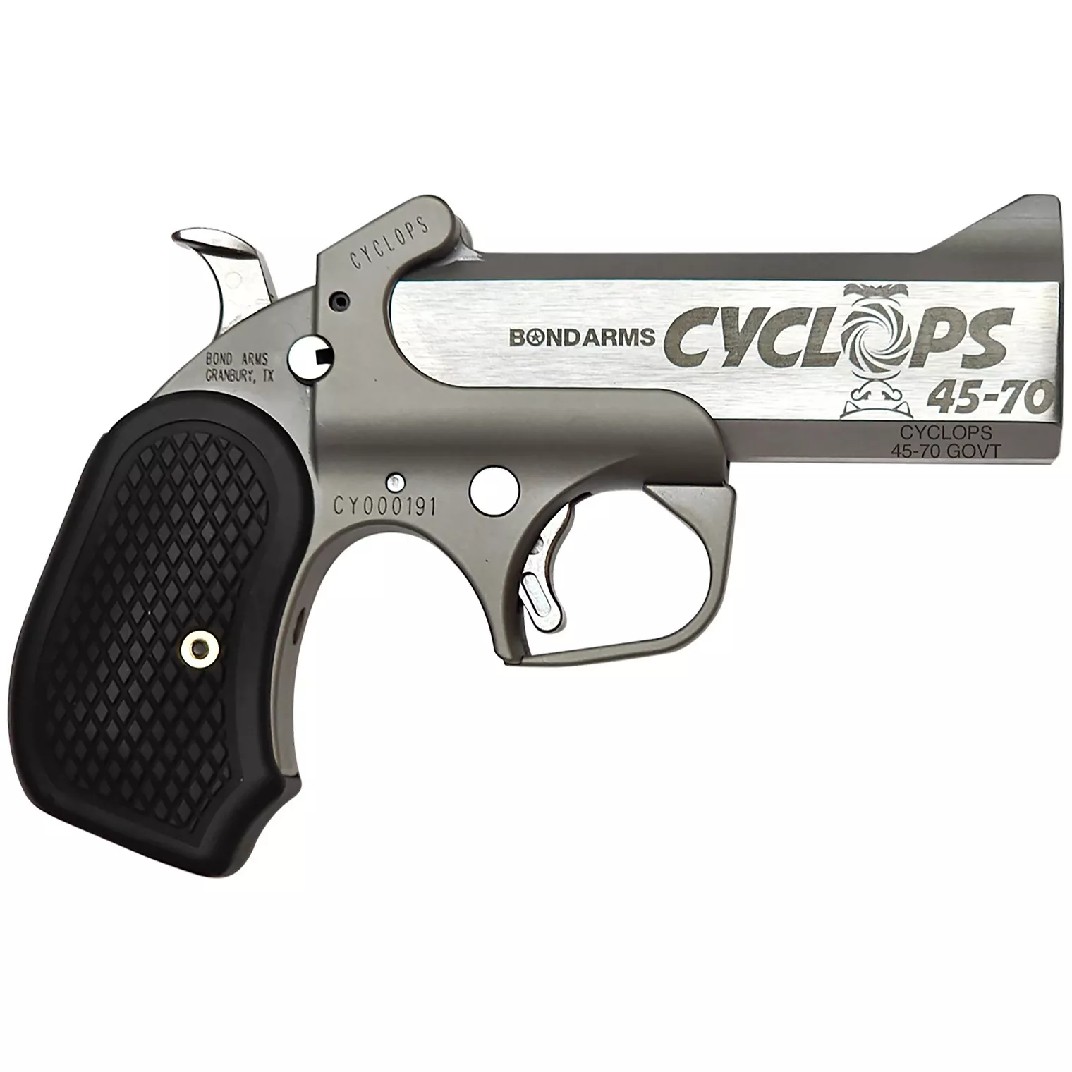 Bond Arms BACYP Cyclops Big Bore 45-70 Gov 1rd, 4.25” Stainless Steel w/Engraved Barrel, Matte Stainless Steel Frame, Black Extended B6 Resin Grip, Includes Holster