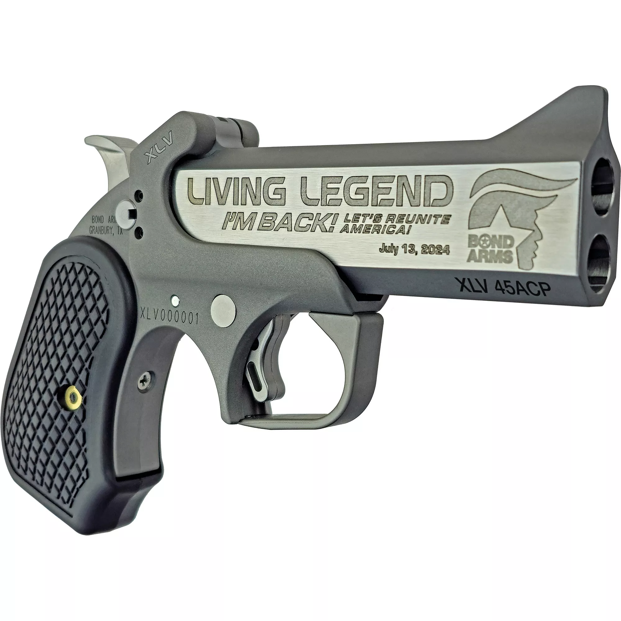 Bond Arms BAXLV Living Legend XLV 45 ACP 2 Shot 4.25” Stainless Engraved Steel Barrel, Stainless Steel Frame, Black Extended B6 Resin Grips