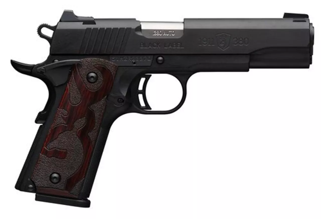 Browning 1911, .380 ACP, 4.25″ Barrel, 8rd, Wood Grips, Black