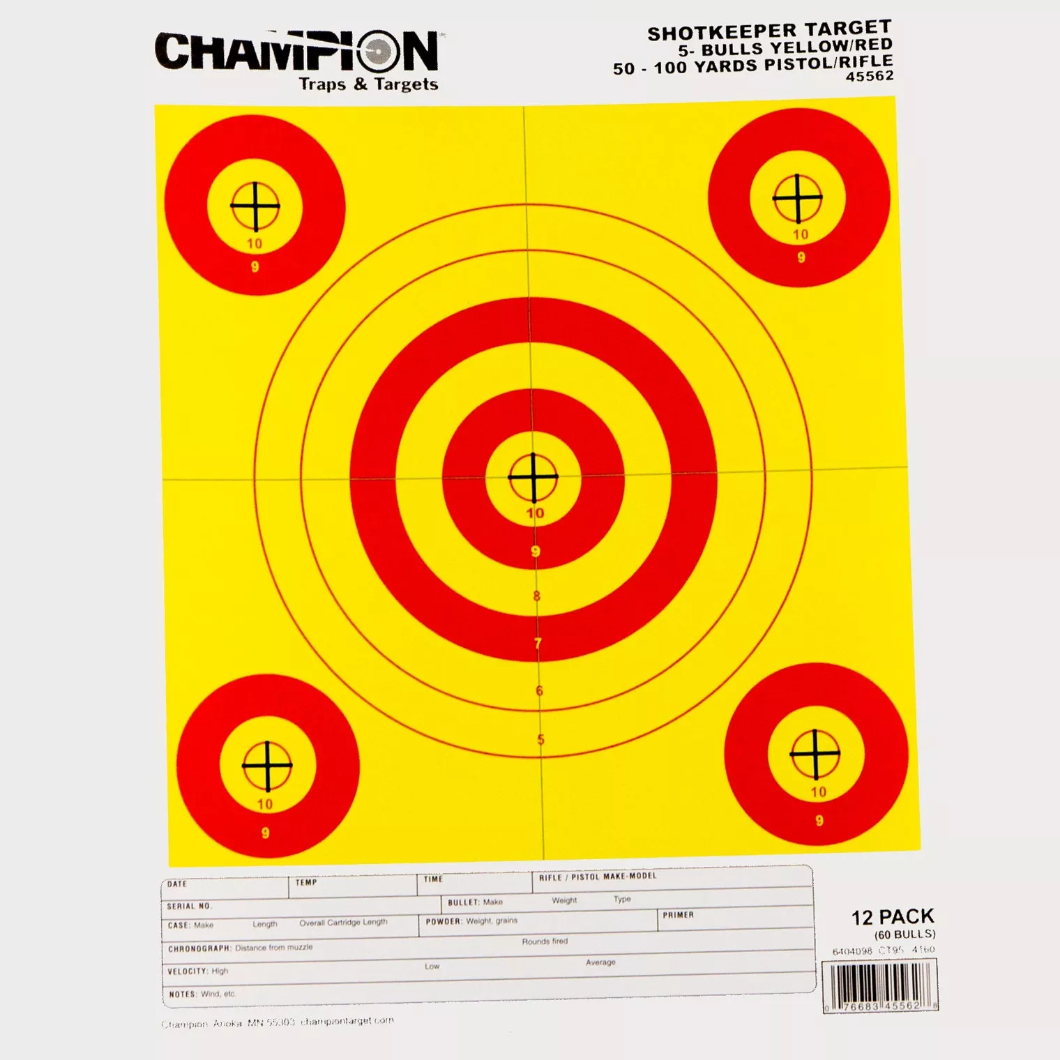 Champion Targets 45562 Shotkeeper 5-Bullseye 50-100 yds Pistol/Rifle Yellow/Red 12 PK