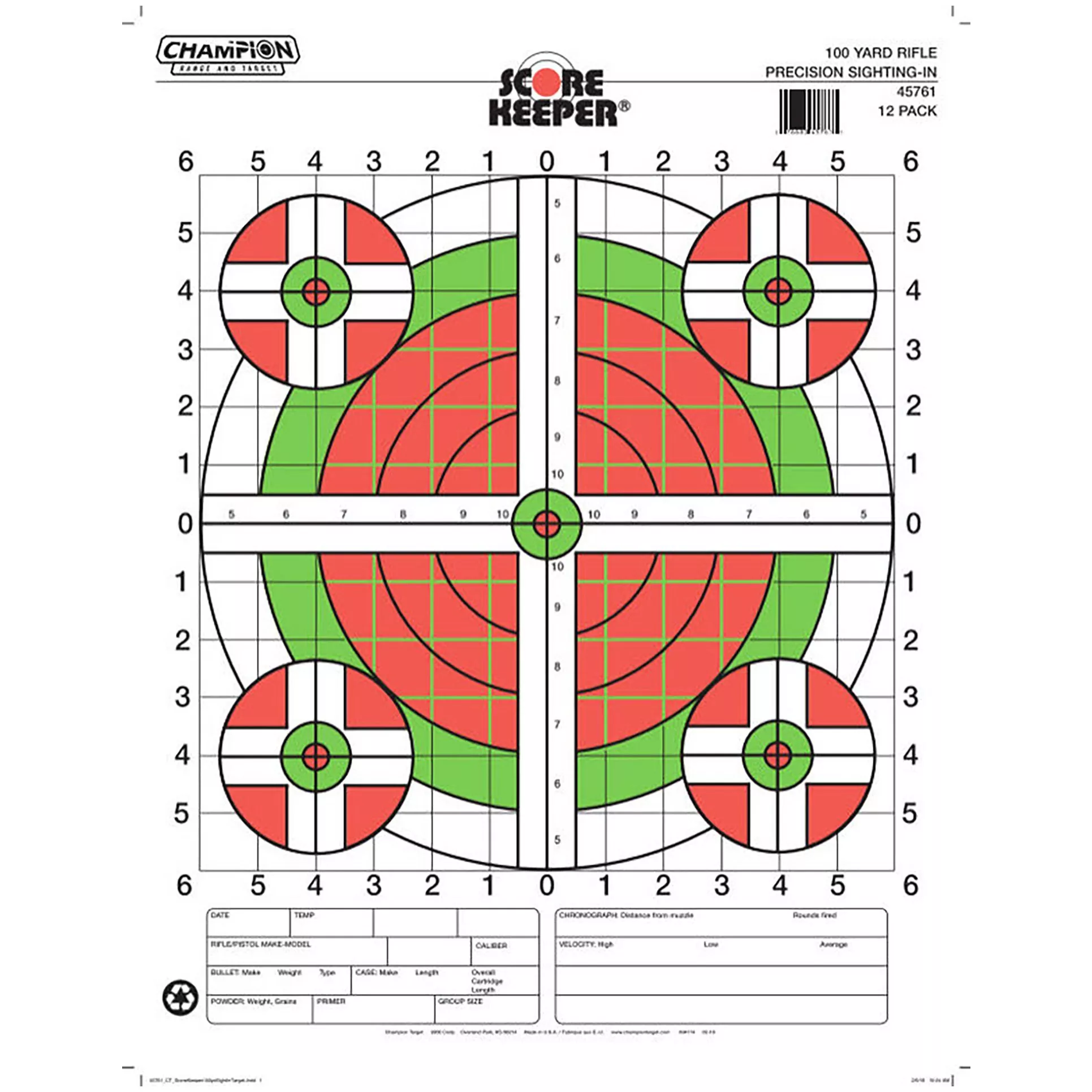 Champion Targets 45796 Score Keeper Sight-In Bullseye Paper Hanging 100 yds Pistol/Rifle Large Green/Orange 12 PK