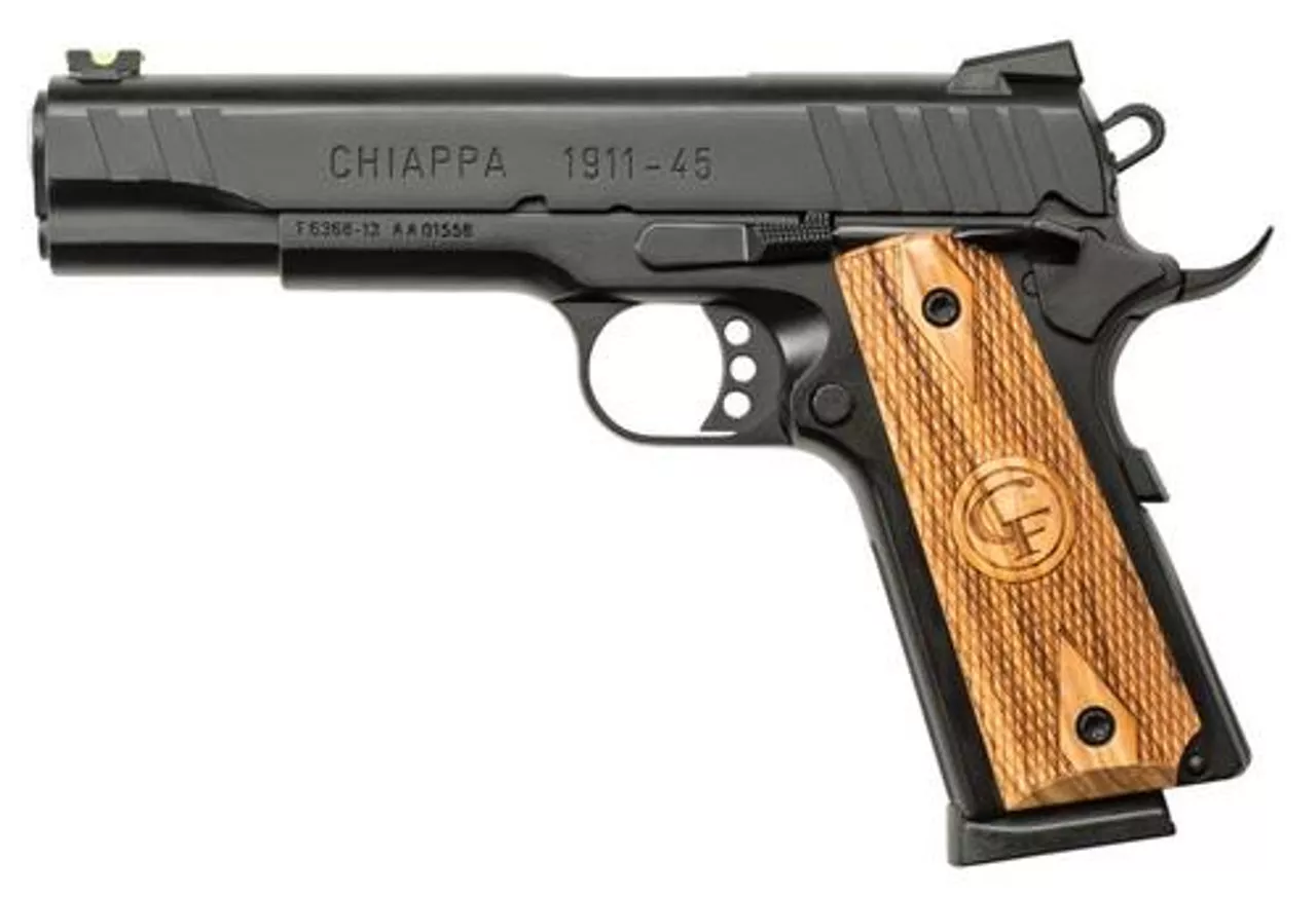 Chiappa 1911-45 Custom 45 ACP 5″ Barrel, Checkered Wood Grips Novak Sights Black, 8rd