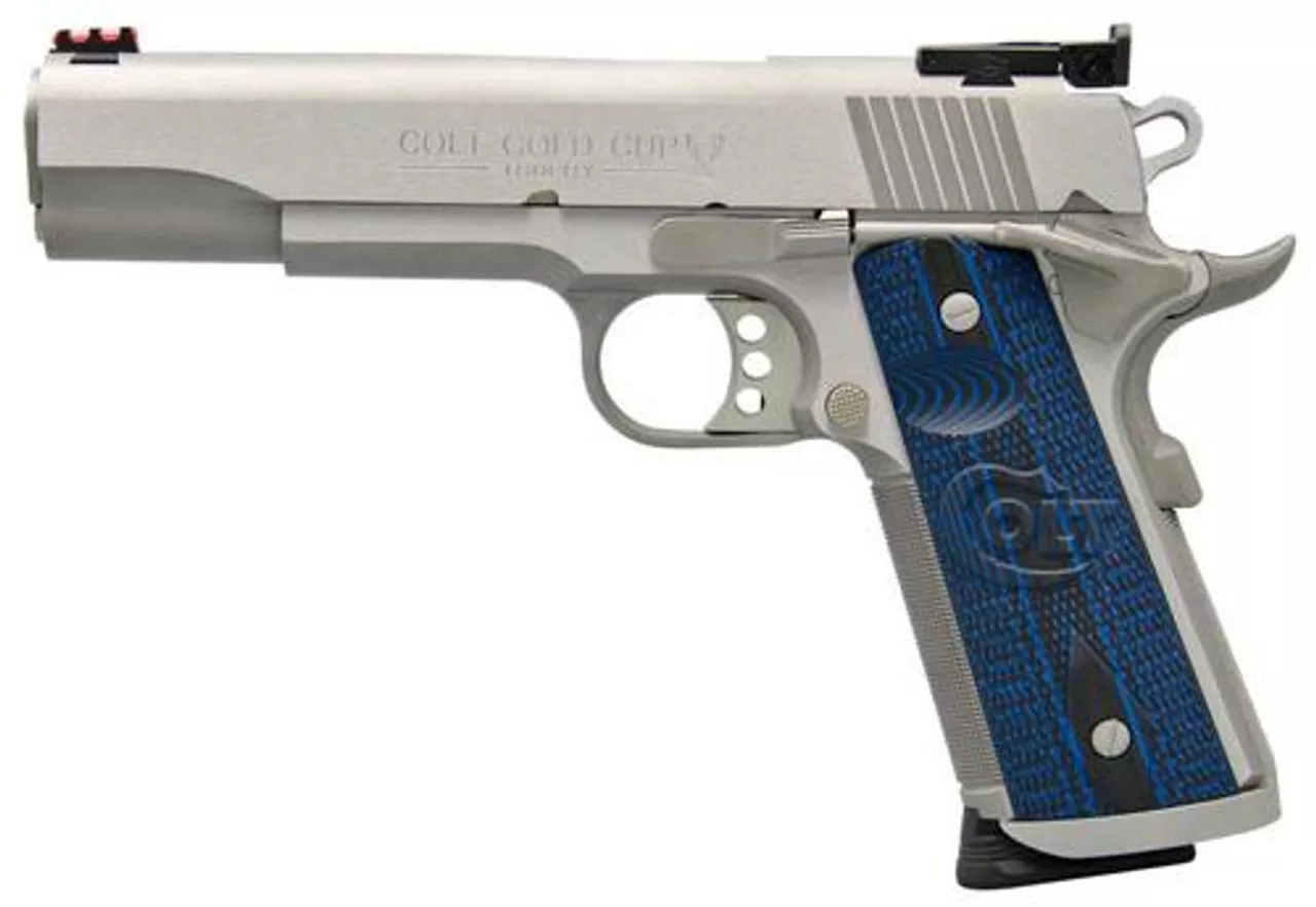 Colt Gold Cup Trophy 45 ACP, 5″ Barrel, Blue G10 Grips, Brushed SS Finish, 8 rd Mag
