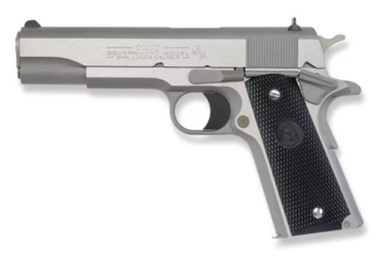 Colt Series 1991 Government 9mm 5″ Barrel Brushed SS Finish White Dot Sights Composite Grips 8rd