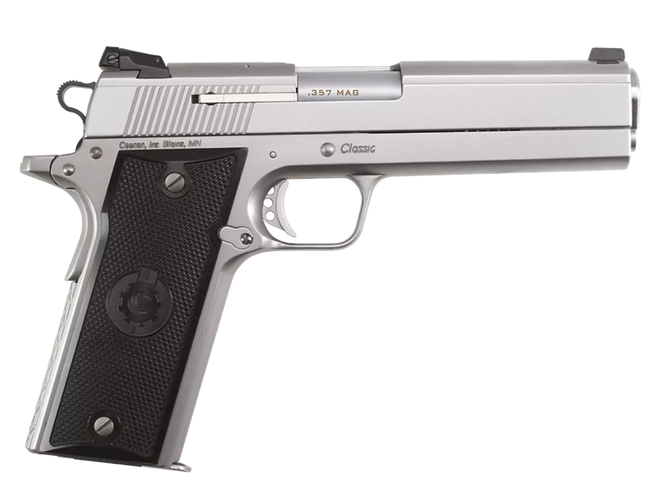 Coonan Classic 357 Mag, 5″, Satin Stainless, Adj. White Dot Sights, Black Alum Grips, 2 Mags (Special Order)