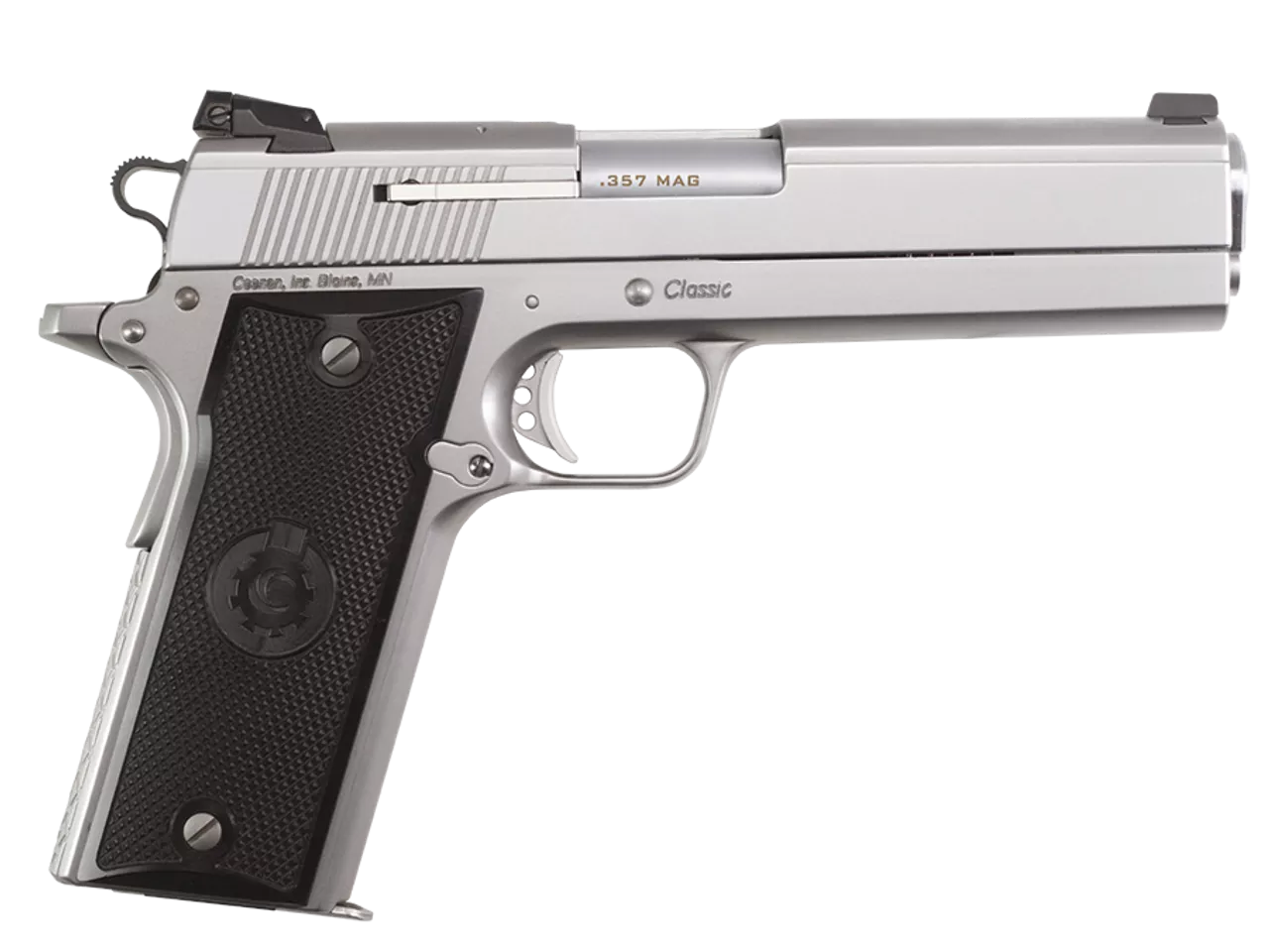 Coonan Classic 357 Mag, 5″, Satin Stainless, Fixed Black Sights, Black Alum Grips, 1 Mag (Special Order)