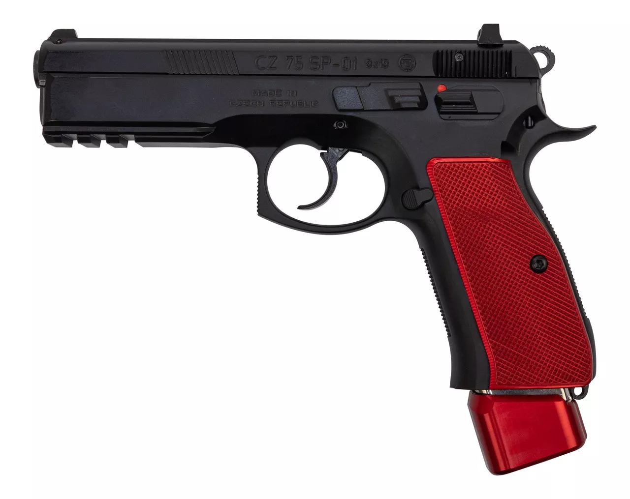 CZ 75 SP-01 9mm, 4.6″ Barrel, Black / Red Henning Aluminum Grip/Mag Cap, 22rd