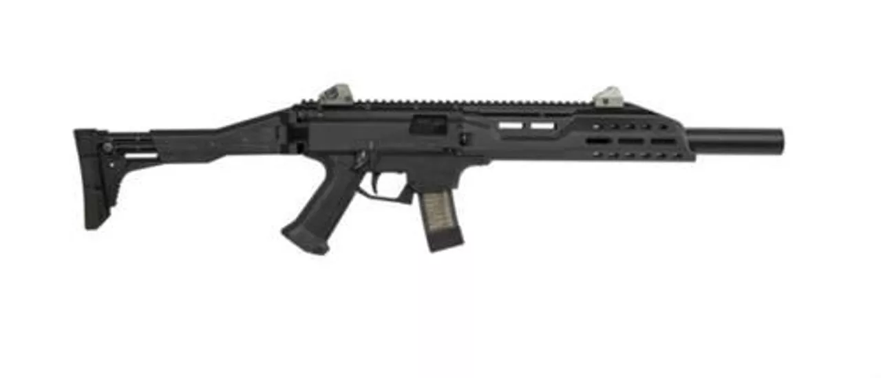 CZ Scorpion EVO 3 S1 Carbine, 9mm, 16.2″ Threaded Barrel, 1/2×28 Thread Pitch, Folding Stock, Adjustable Sights, Removable Faux Suppressor, 10 Rounds