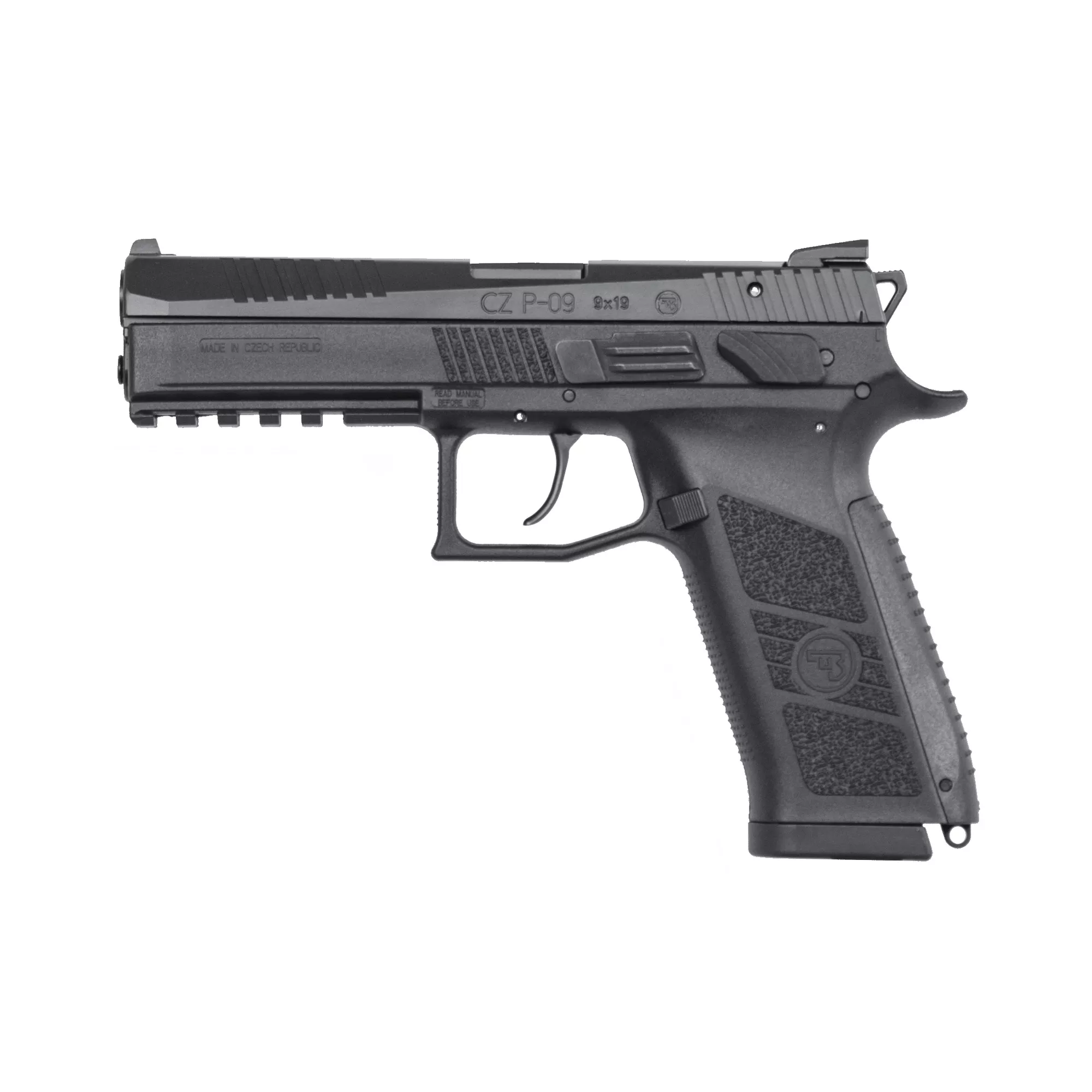 CZ-USA 01620 P-09 9mm Luger 10+1, 4.54” Black Steel Barrel, Black Nitride Serrated Steel Slide, Black Polymer Frame w/Picatinny Rail, Black Interchangeable Backstrap Grip, Ambidextrous