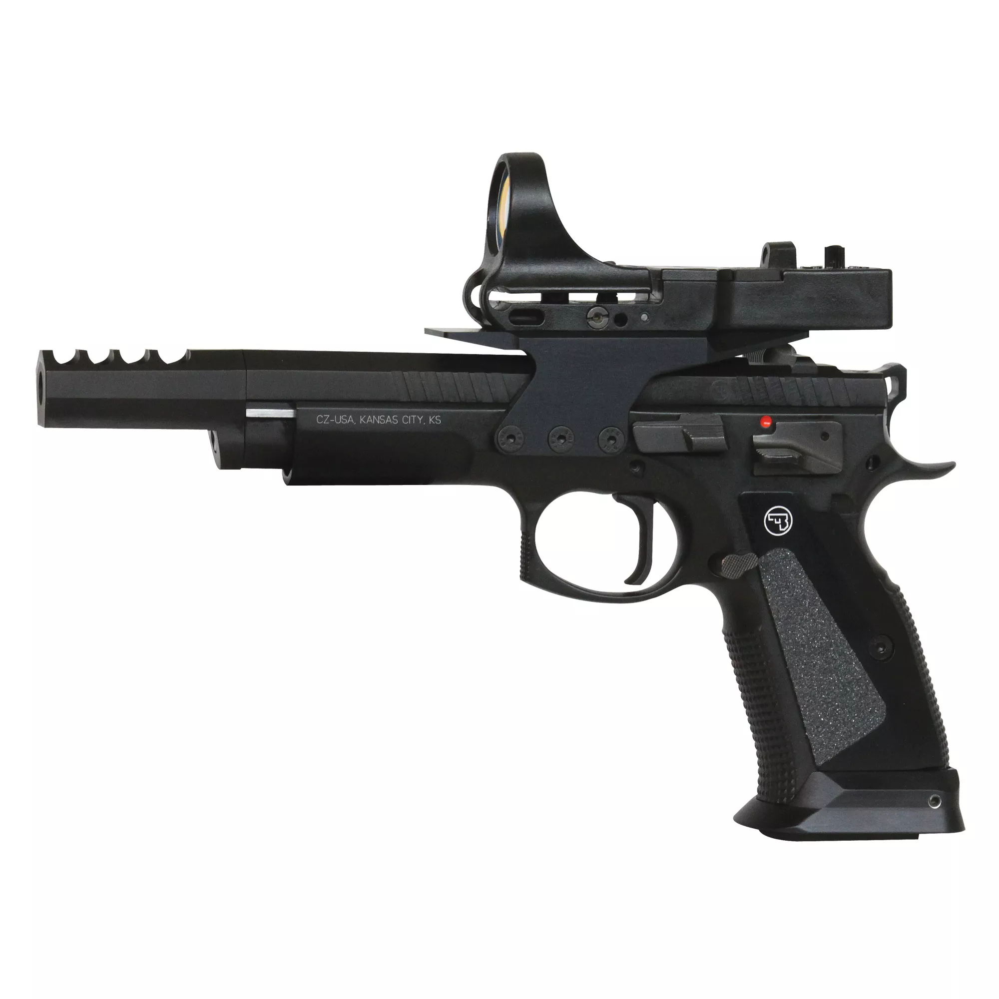 CZ-USA 91174 CZ 75 Czechmate 9mm Luger 20+1/ 26+1 5.23” Non-Tilted/Compensated Barrel, Black Inside Railed Slide, Black Polycoat Steel w/Beavertail, Black Aluminum Grips