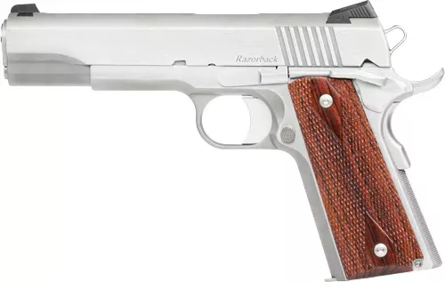 Dan Wesson 01889 Razorback 10mm Auto Caliber with 5″ Match Grade Barrel, 8+1 Capacity, Overall Stainless Steel Finish, Beavertail Frame, Serrated Brushed Slide & Cocobolo Grip