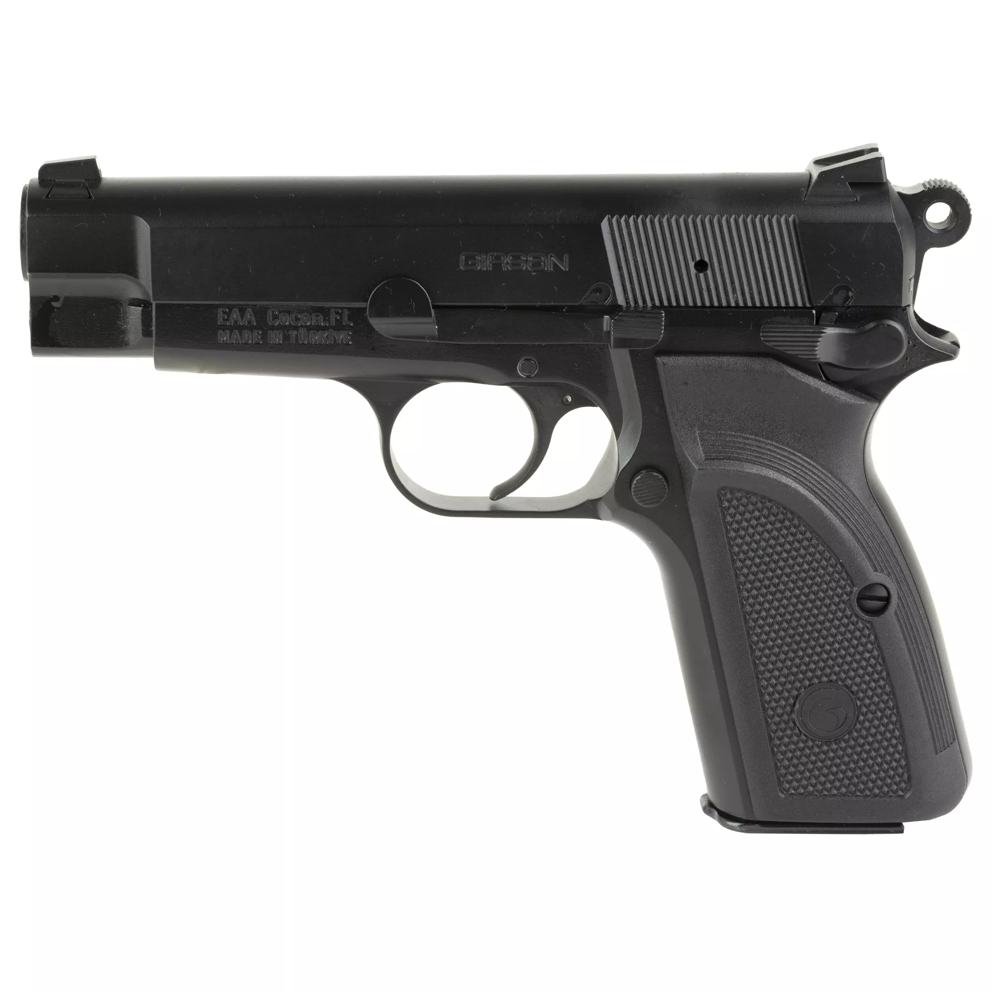 EAA GIRSAN 390440 High Power MC P35 PI 9mm Luger 15+1 3.88” Stainless Steel Barrel, Matte Black Serrated Slide, Matte Black Steel Frame w/Beavertail, Black Checkered Polymer Grips, Ambidextrous