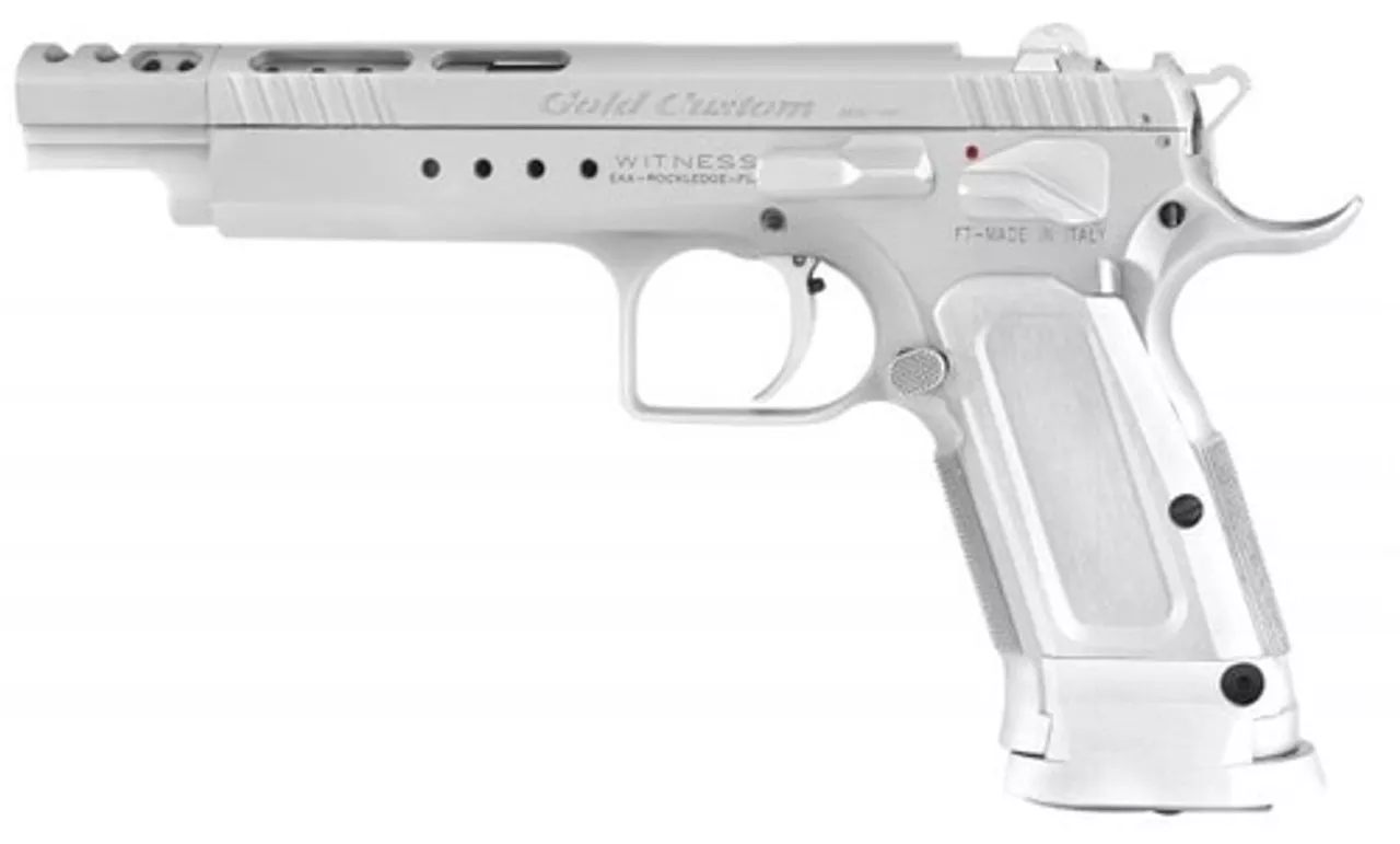 EAA Witness Gold, Tanfoglio, Full Size, 9MM, 5.25″ Ported Barrel, Steel Frame, Chrome Finish, Aluminum Frame, Adj Sights, Ambi Safety, 18Rd Mag