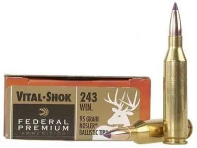 Federal 243 Win Ammunition Vital-Shok P243J 95 Grain Nosler Ballistic Tip 20 rounds