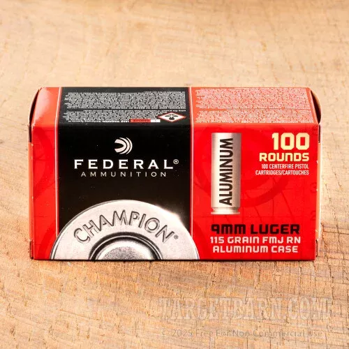 Federal Champion Aluminum 9mm Ammunition – 1000 Rounds of 115 Grain FMJ RN