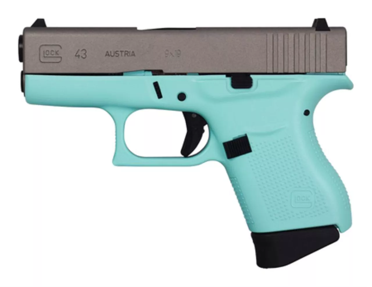 Glock 43 9×19 6 Round Turquoise Frame Silver Slide Made in Austria