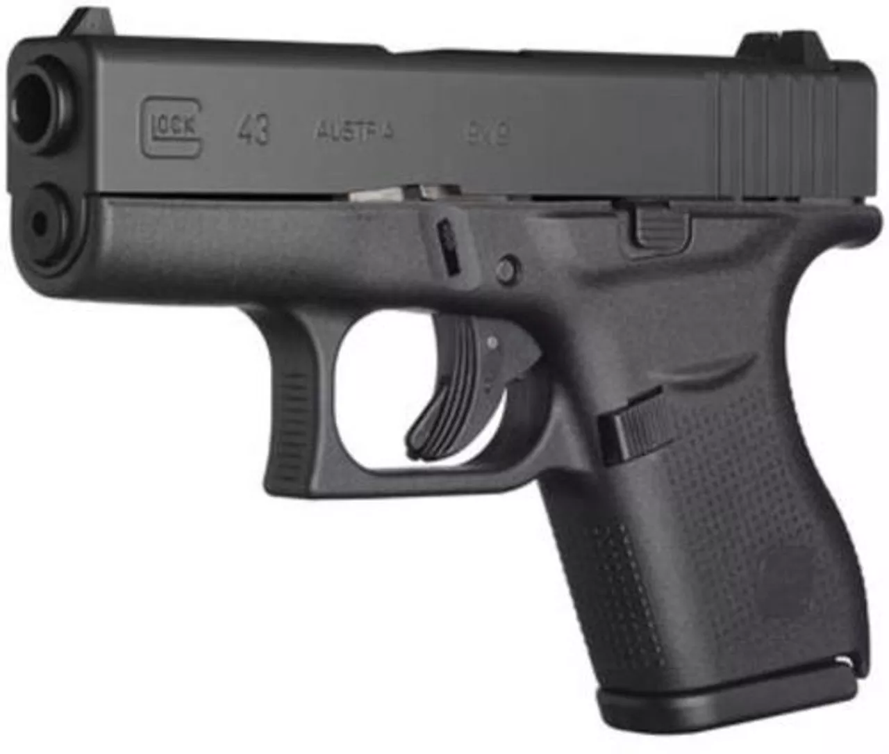 Glock, 43, Semi-automatic, Striker Fired, Sub Compact, 9mm, 3.41″ Barrel, Polymer Frame, Matte Finish, Fixed Sights, 6Rd, 2 Magazines