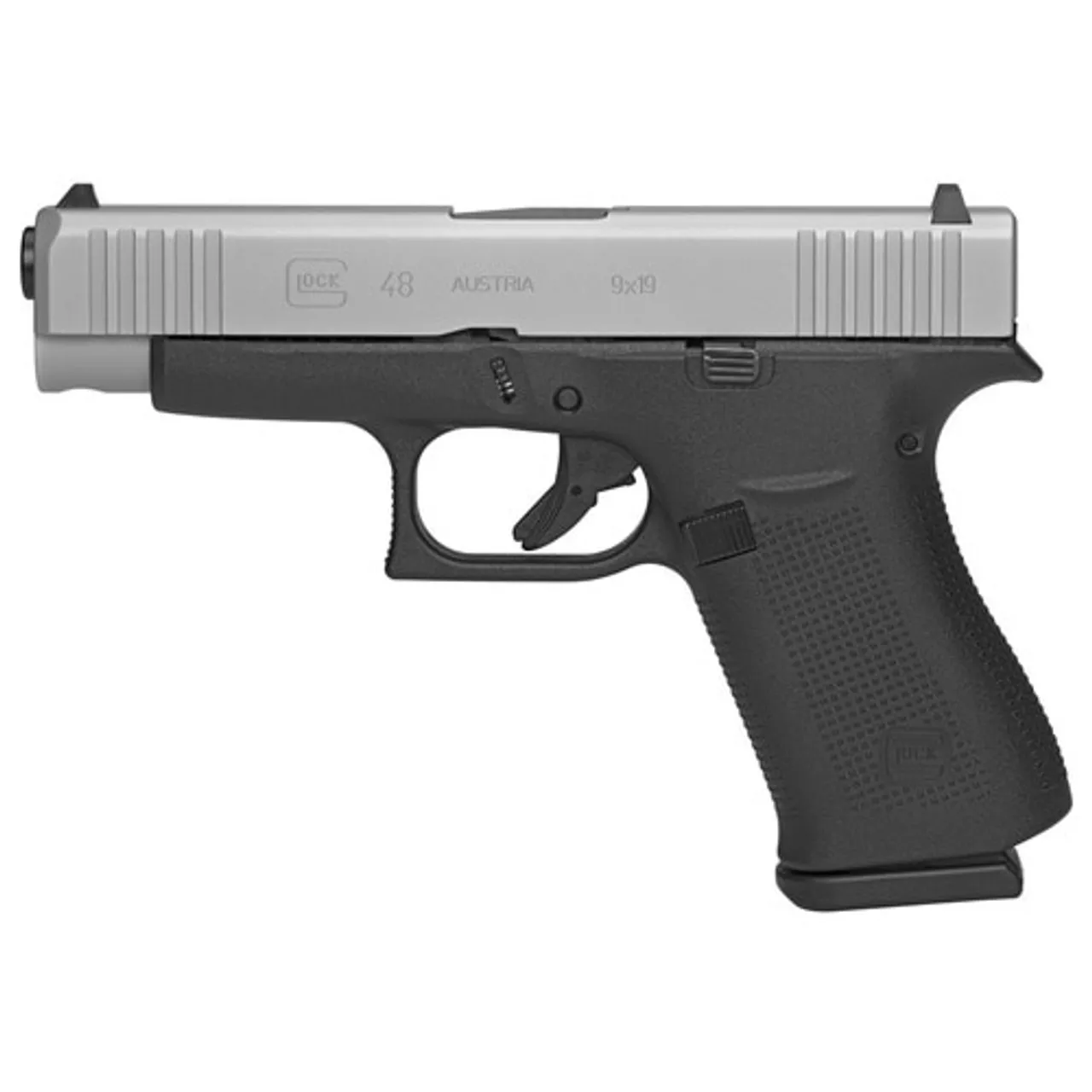 Glock, 48, Semi-automatic, Striker Fired, Compact, 9mm, 4.17″ Barrel, Polymer Frame, Silver Finish, 10Rd, 2 Mags, Fixed Sights