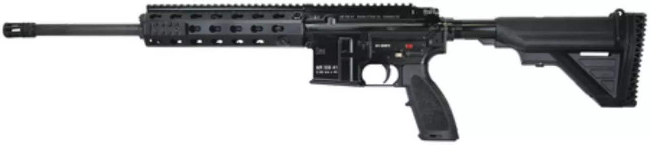 HK MR556, 5.56mm Semi-Auto Rifle 16.5″ barrel – supplied one 10rd magazine, Troy micro sights and fixed buttstock