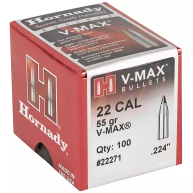 Hornady 22271 V-Max 22 Cal 224 55 Grain Reloading Bullets 100 Per Box