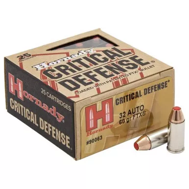 Hornady 90063 Critical Defense FTX 32 Automatic Colt Pistol (ACP) 60 GR Flex Tip Expanding 25 Bx/ 10 Cs