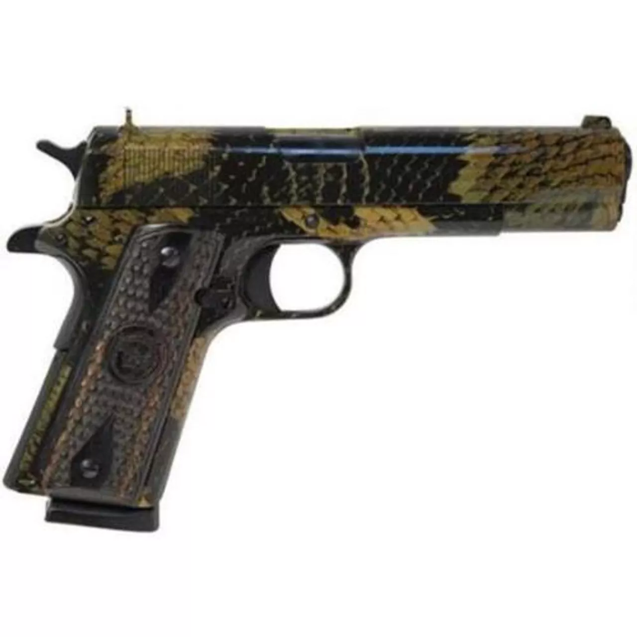 Iver Johnson 1911 A1, 45 ACP, 5″, 8rd, Black Boa Snakeskin Finish, Wood Grips