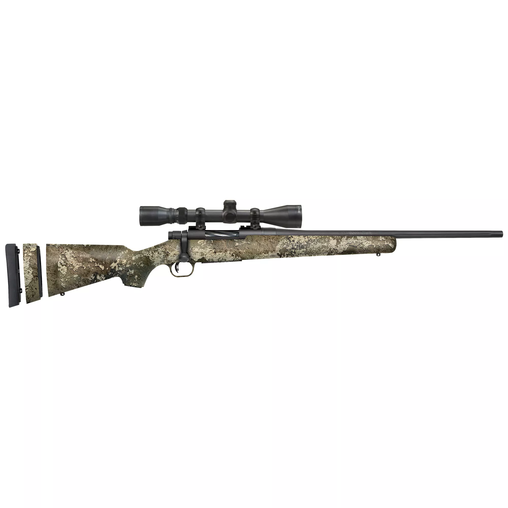 Mossberg 28065 Patriot Super Bantam 243 Win Caliber with 5+1 Capacity, 20” Fluted Barrel, Blued Metal Finish & Strata Camo Synthetic Stock Right Hand (Youth) Includes 3-9x40mm Scope