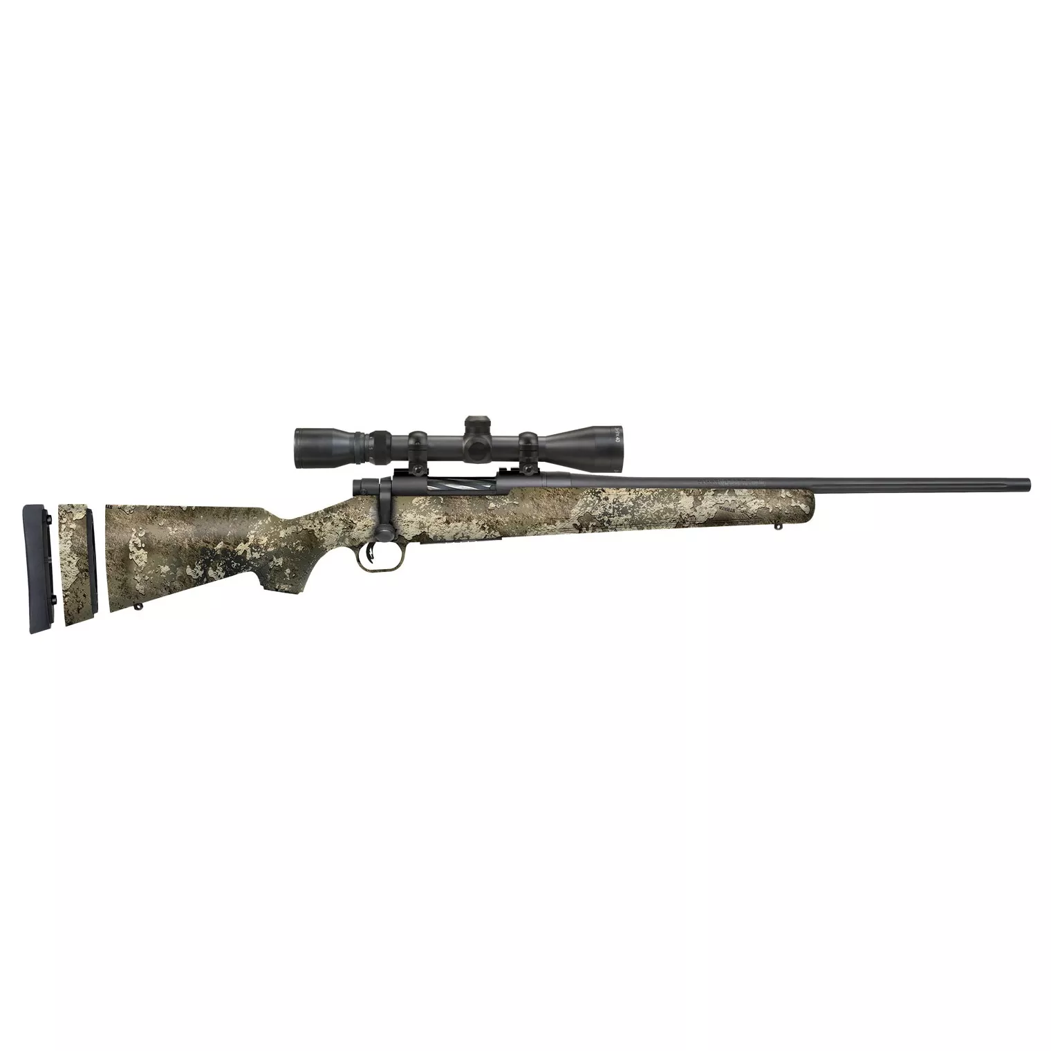 Mossberg 28066 Patriot Super Bantam 7mm-08 Rem Caliber with 5+1 Capacity, 20” Fluted Barrel, Blued Metal Finish & TrueTimber Strata Synthetic Stock Right Hand (Youth) Includes 3-9x40mm Scope