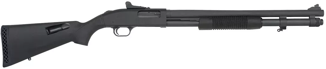 Mossberg 51668 590A1 Tactical 12 Gauge 3” 8+1 20” Parkerized Heavy-Walled Barrel Black Rec with Ghost Ring Rear Sight Black Fixed with Storage Compartment Stock Right Hand (LE)