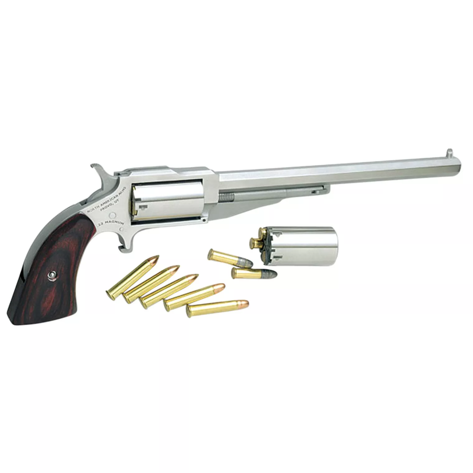 North American Arms 18606C Earl Hogleg *CA Compliant 22 LR/22 Mag 5 Shot 6” Satin Steel Barrel & Frame/Stainless Cylinder/Rosewood Boot Grips