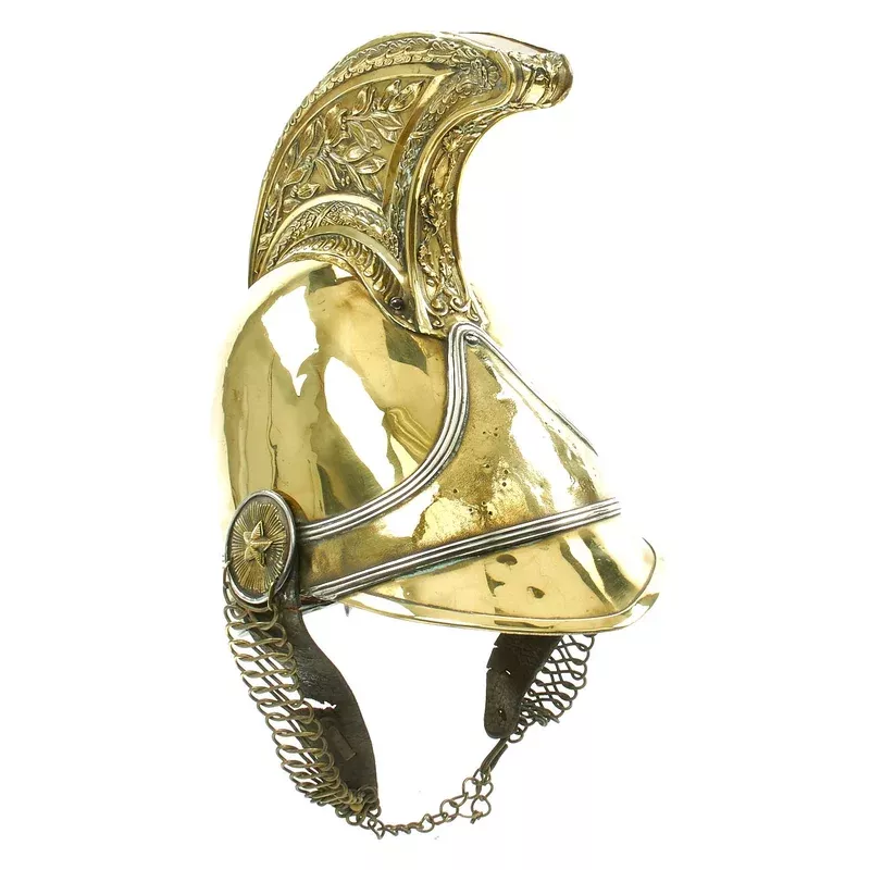 Original French Napoleonic Brass Carabinier Helmet later used as Pompier Fire Helmet