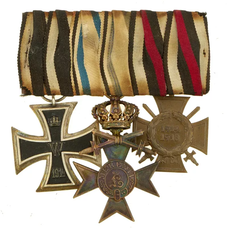 Original German WWI Era Medal Bar with EKII, Bavarian Merenti Cross & Hindenberg Cross – 3 Awards