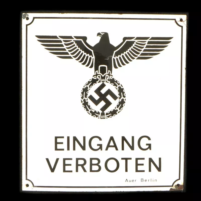 Original German WWII NSDAP “Entrance Forbidden” Emailleschild Enameled Warning Sign – 11 1/2″ x 12 1/2″