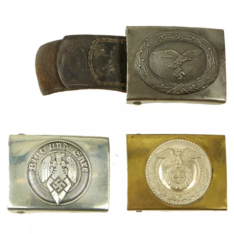 Original Set of Three German WWII Belt Buckles – Steel Luftwaffe, Aluminum HJ, & Early Brass & Nickle SA