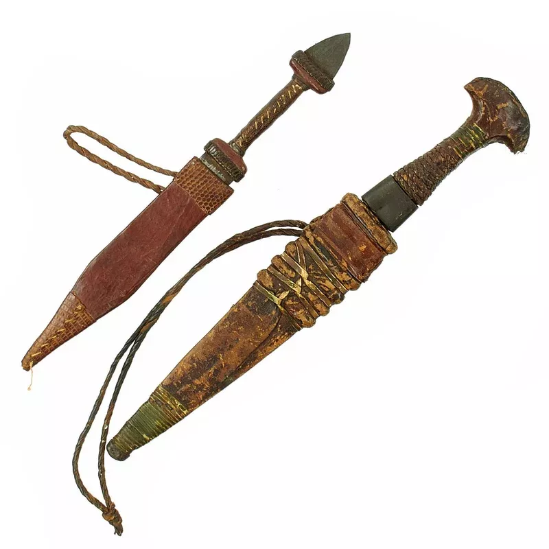 Original Set of Two Sudanese Mahdi Dervish Arm Daggers with Tooled Leather Scabbards – c. 1885