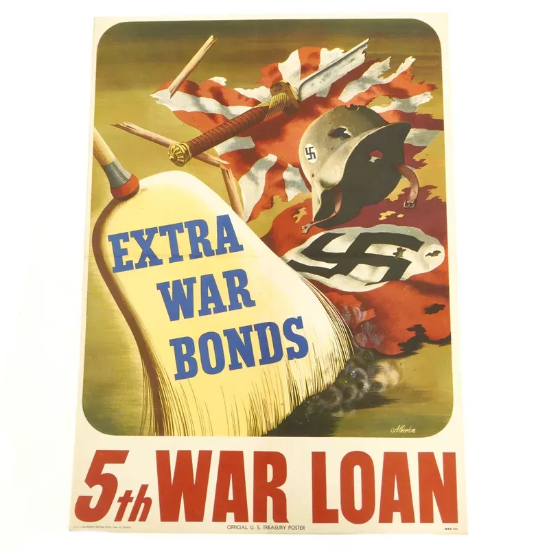 Original Stunning WWII U.S. 1944 Anti-Axis “Sweeping Up The Axis” 5th War Loan Poster by John Atherton – 14.25 ” x 20″