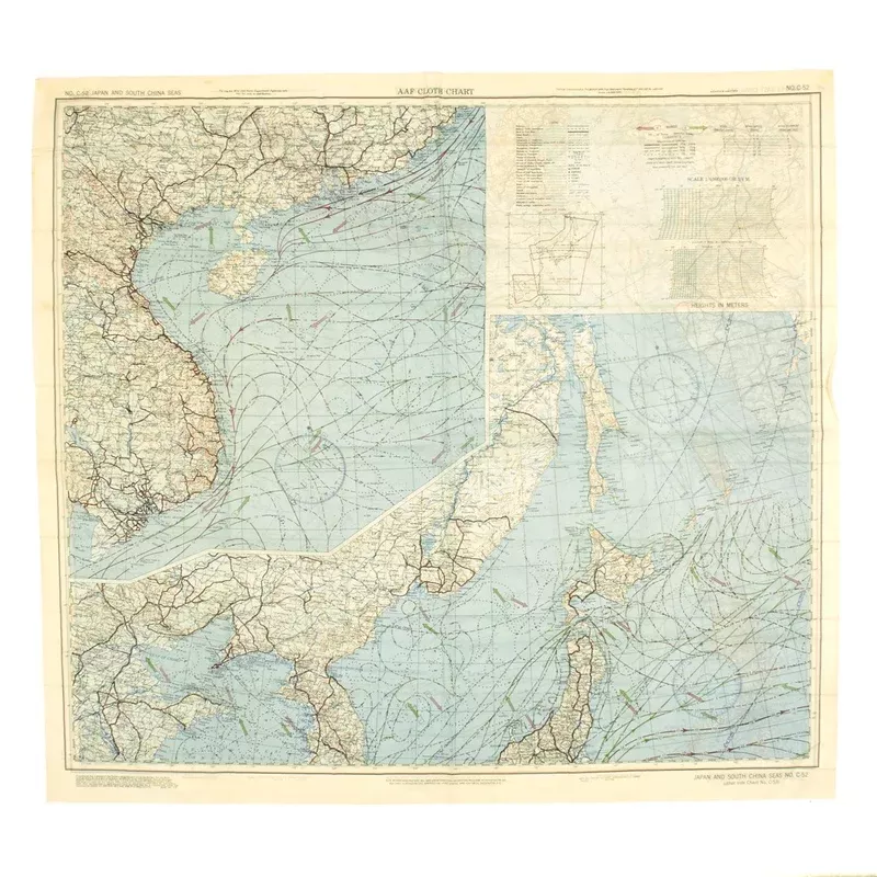 Original U.S. WWII Army Air Force Silk Escape Map Chart – Japan and South China Seas – Dated May 1945
