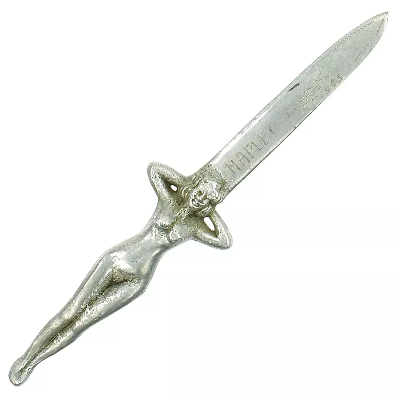 Original U.S. WWII Italian Naked Woman NAPLES 1945 Aluminum Knife – USGI Souvenir Trench Art