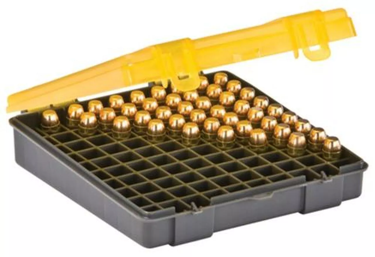 Plano Molding Flip Top Handgun Ammo Case 100rd .40S&W/45 ACP/10mm Gray/Amber
